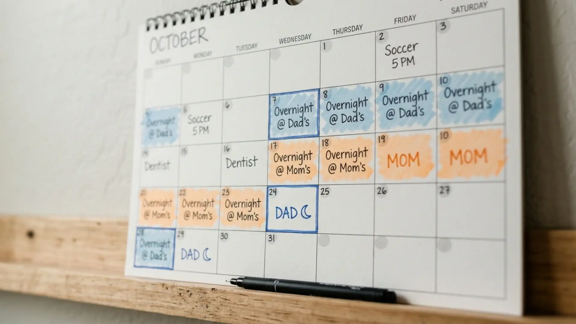 Shared custody calendar tracking overnights for co-parents in California
