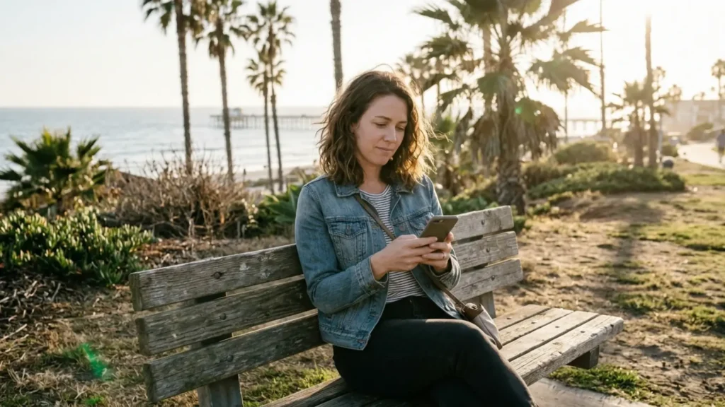 Woman reading a message from her ex who refused mediation in San Diego